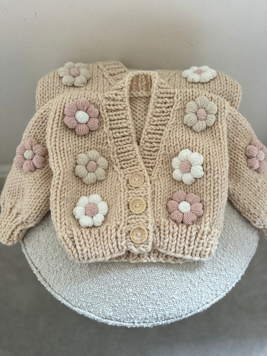 In stock beige and baby pink multi flowers handknitted cardigan