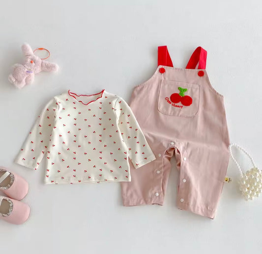 Cherry print cotton top & pink dungaree set