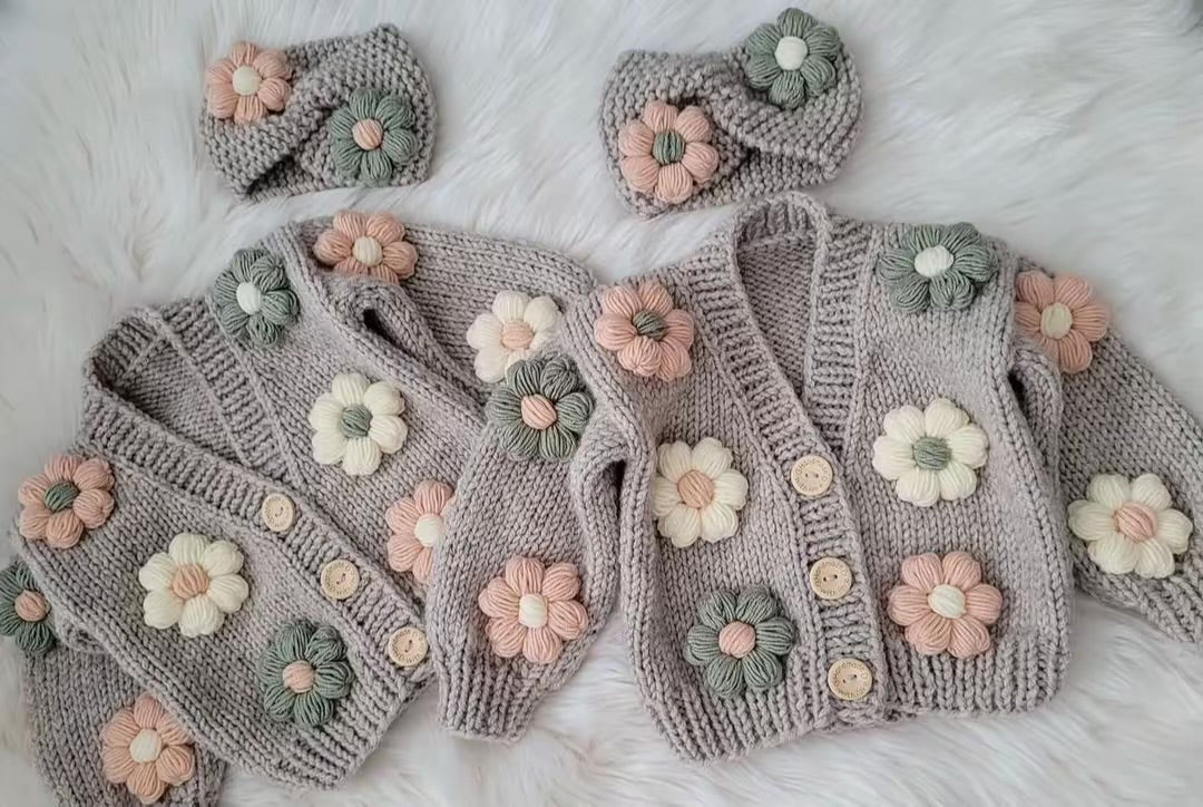 Handknitted 3 piece sets (cardigan, skirt, headband)