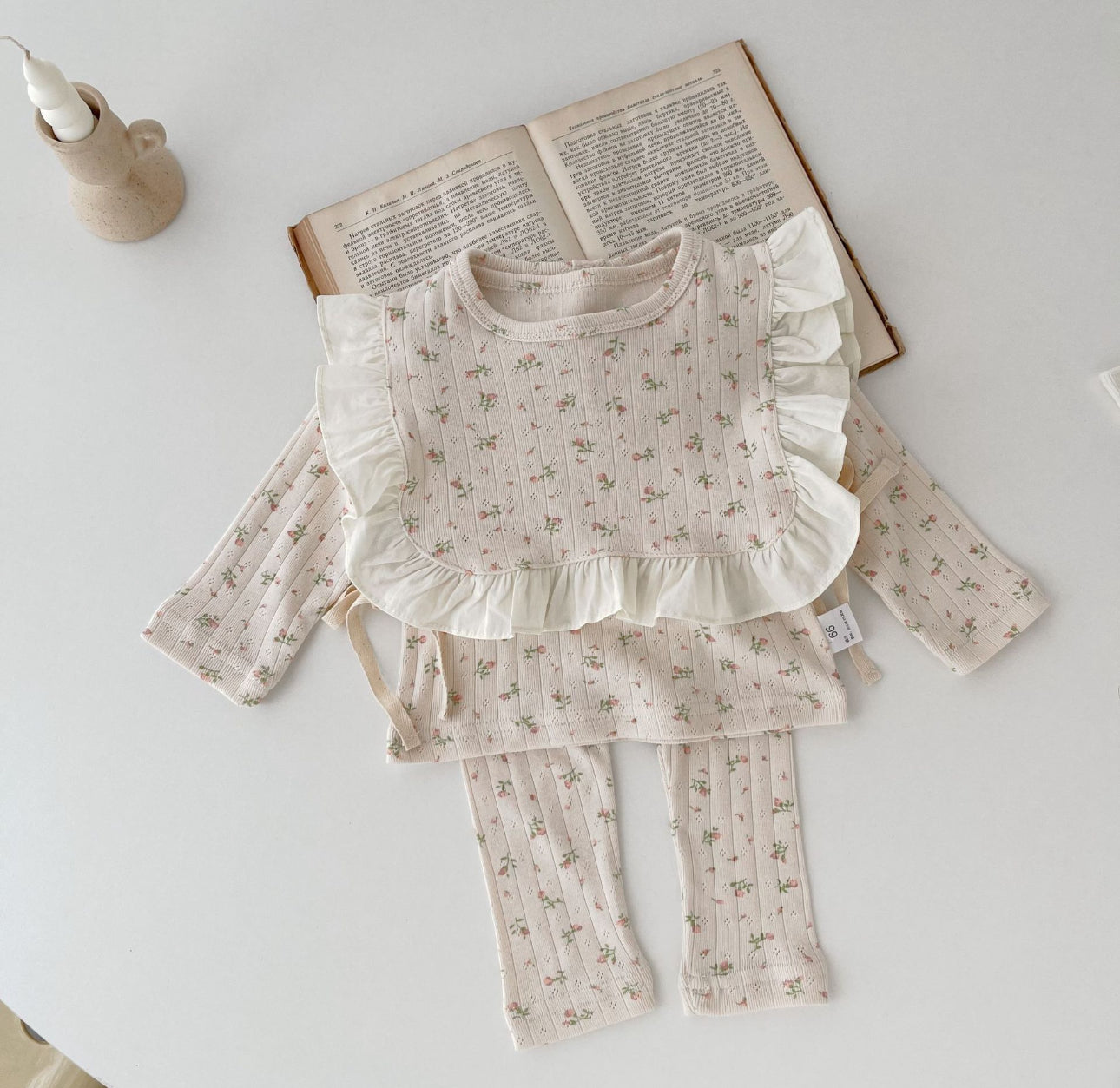 Autumn floral soft cotton 3 piece top, legging, frill bib set