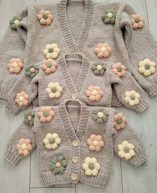Mama and me handknitted grey flower 2 cardigan set