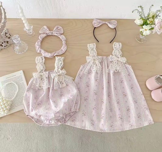 Pink floral lace romper/dress & headband