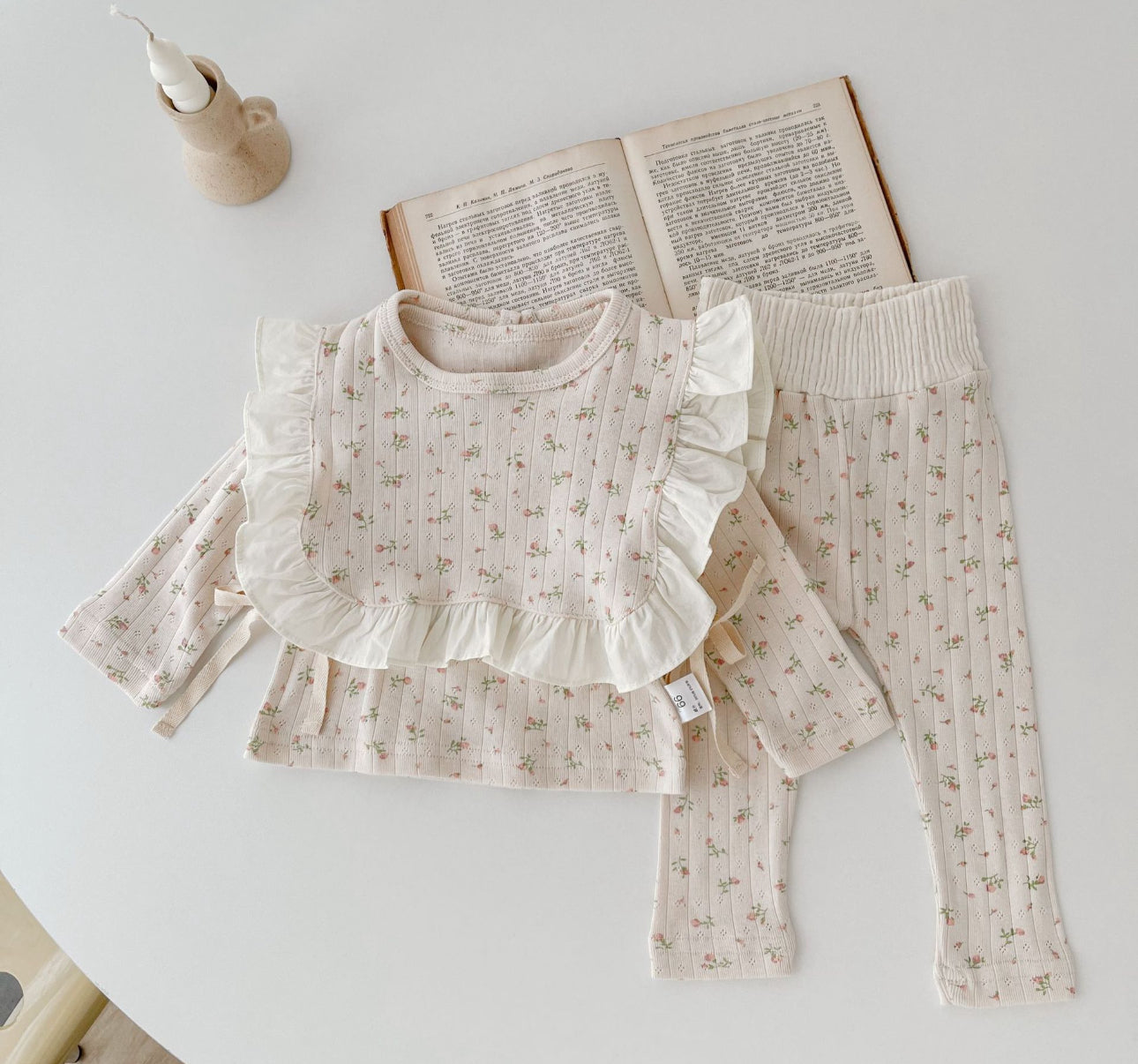 Autumn floral soft cotton 3 piece top, legging, frill bib set