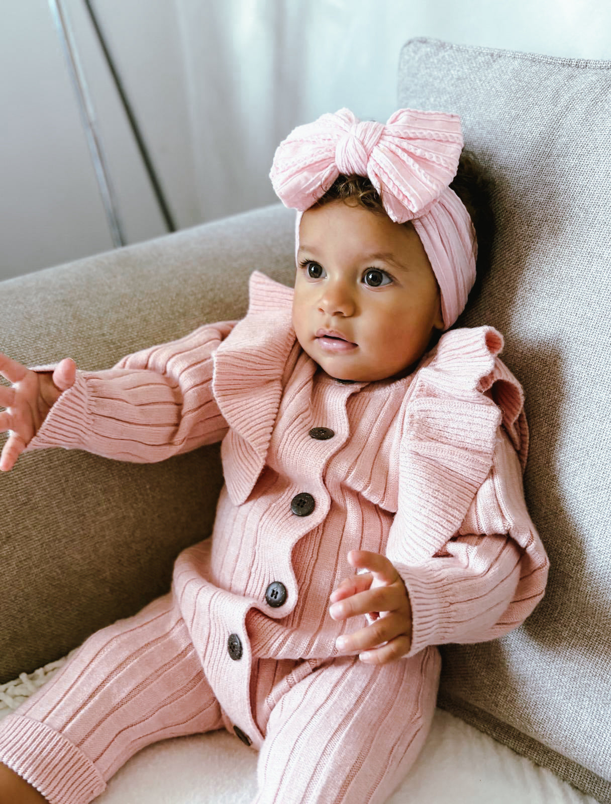 Thick knit frill ribbed romper