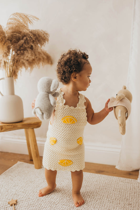 Hand crochet thick cream and lemon dress
