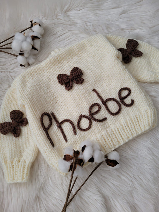 Pre order custom name brown bow handknitted cardigan