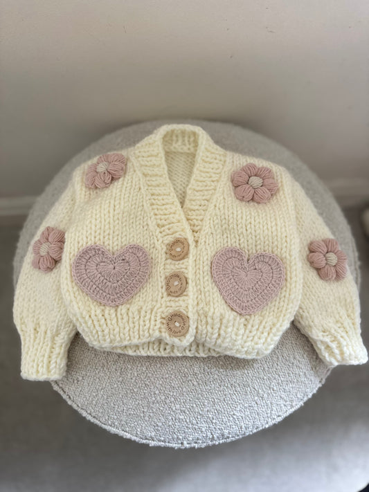 In stock cream and pink heart flower handknitted cardigan
