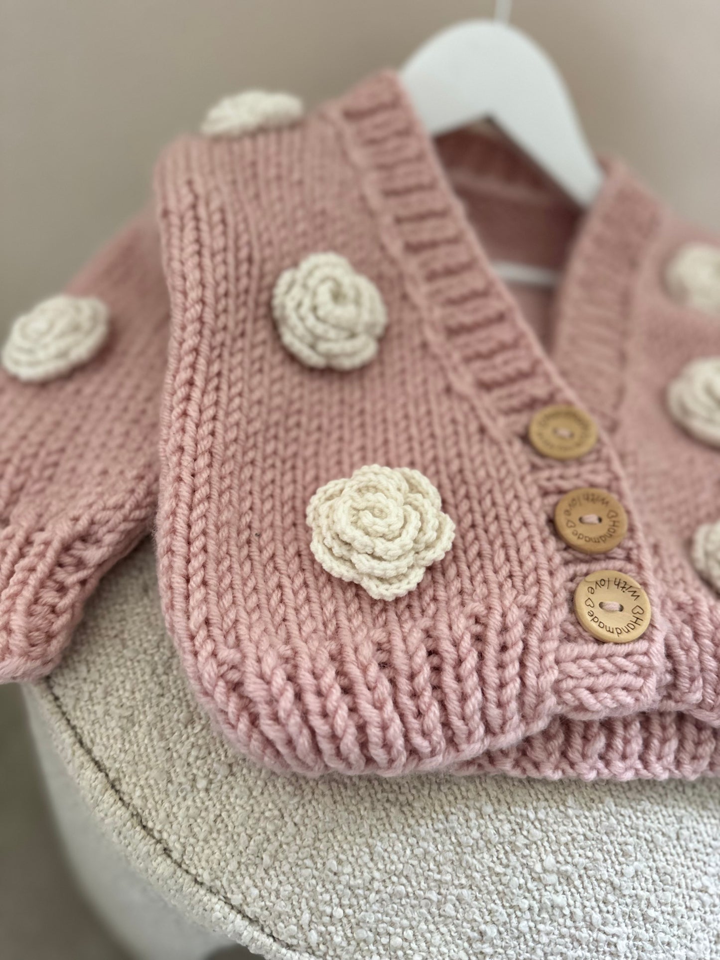 In stock pink and white rose handknitted cardigan