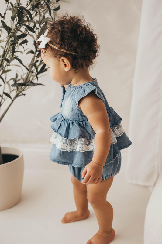 Denim lace trimmed two piece set