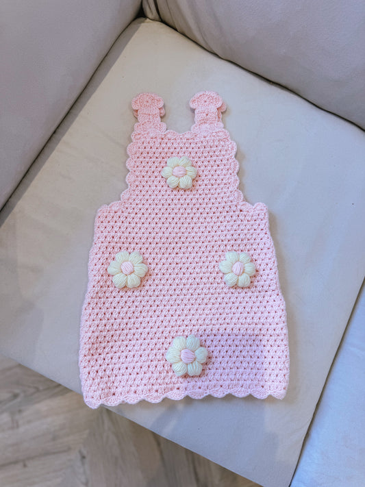 Hand crochet thick flower dress baby pink