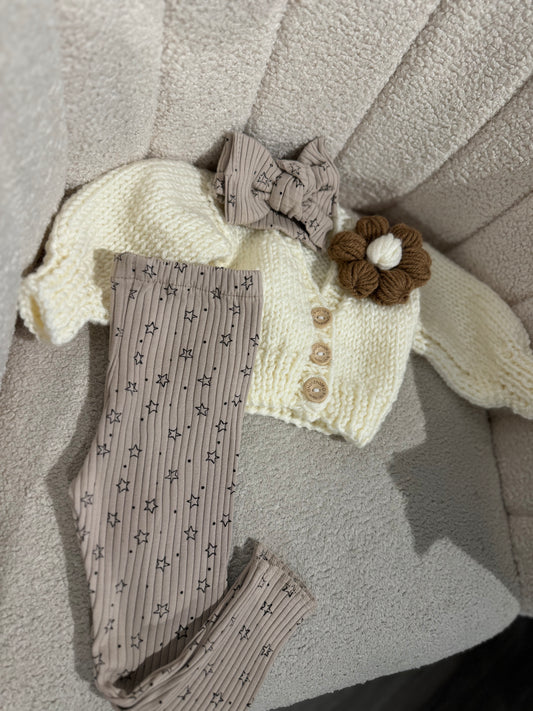 In stock handmade cotton legging and bow set brown