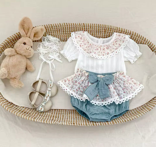 Floral top and summer ruffle bloomers set