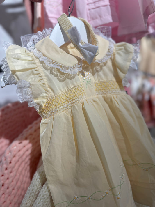 In stock summer lace lemon embroidered flower dress and white frill bloomer set