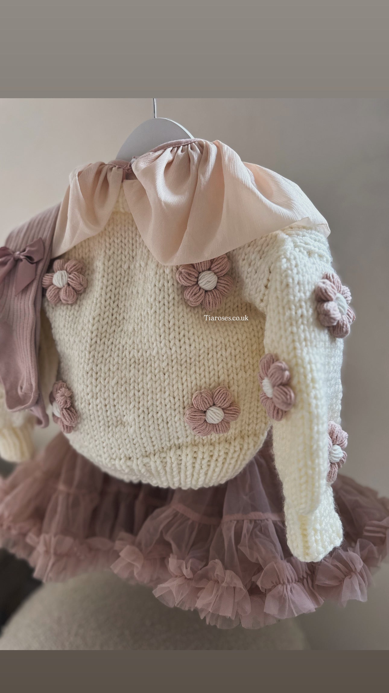 Handknitted cream flower cardigan, top, tutu and tights 4 piece set