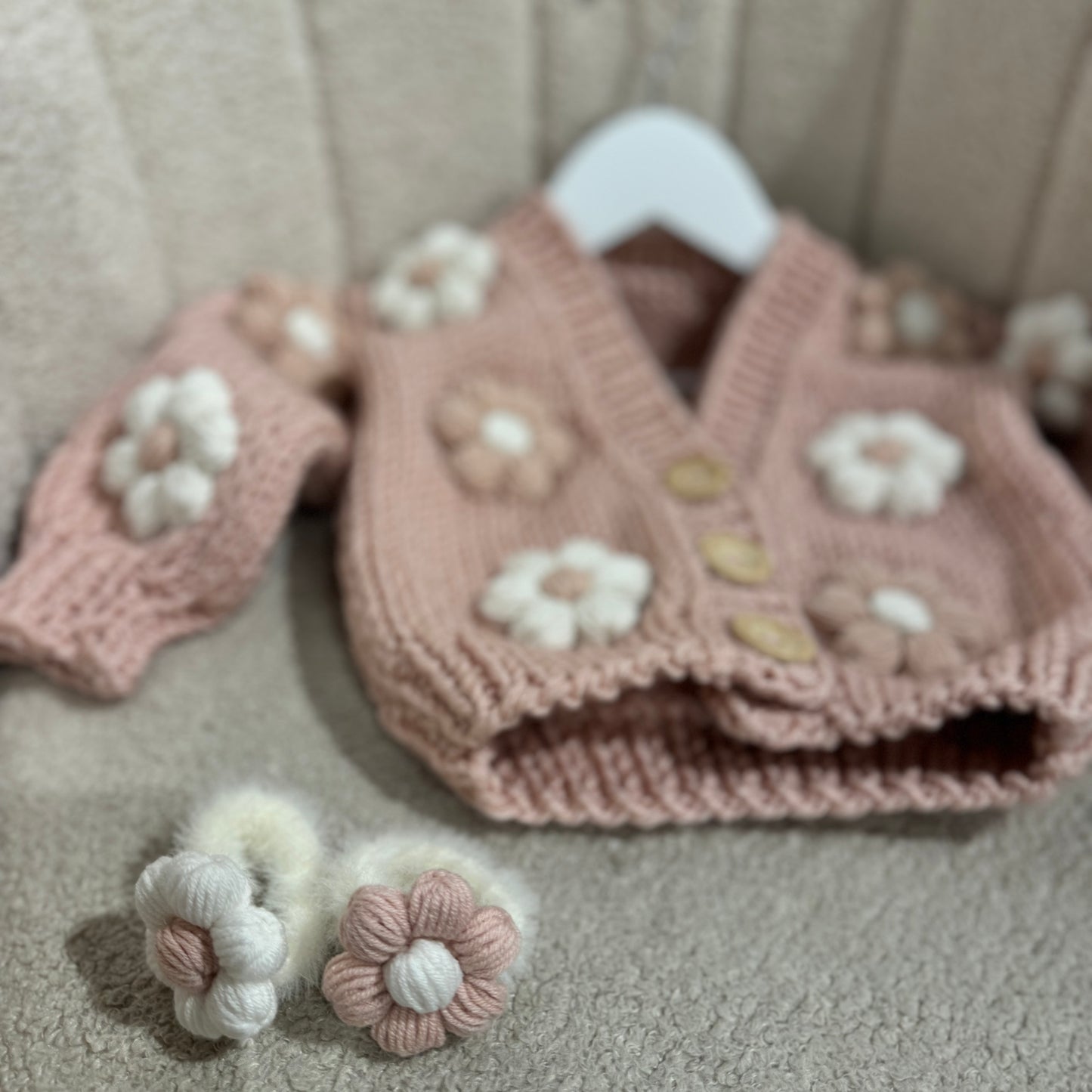 Pre order handknit flower pink cardigans (flowers on arms and front)