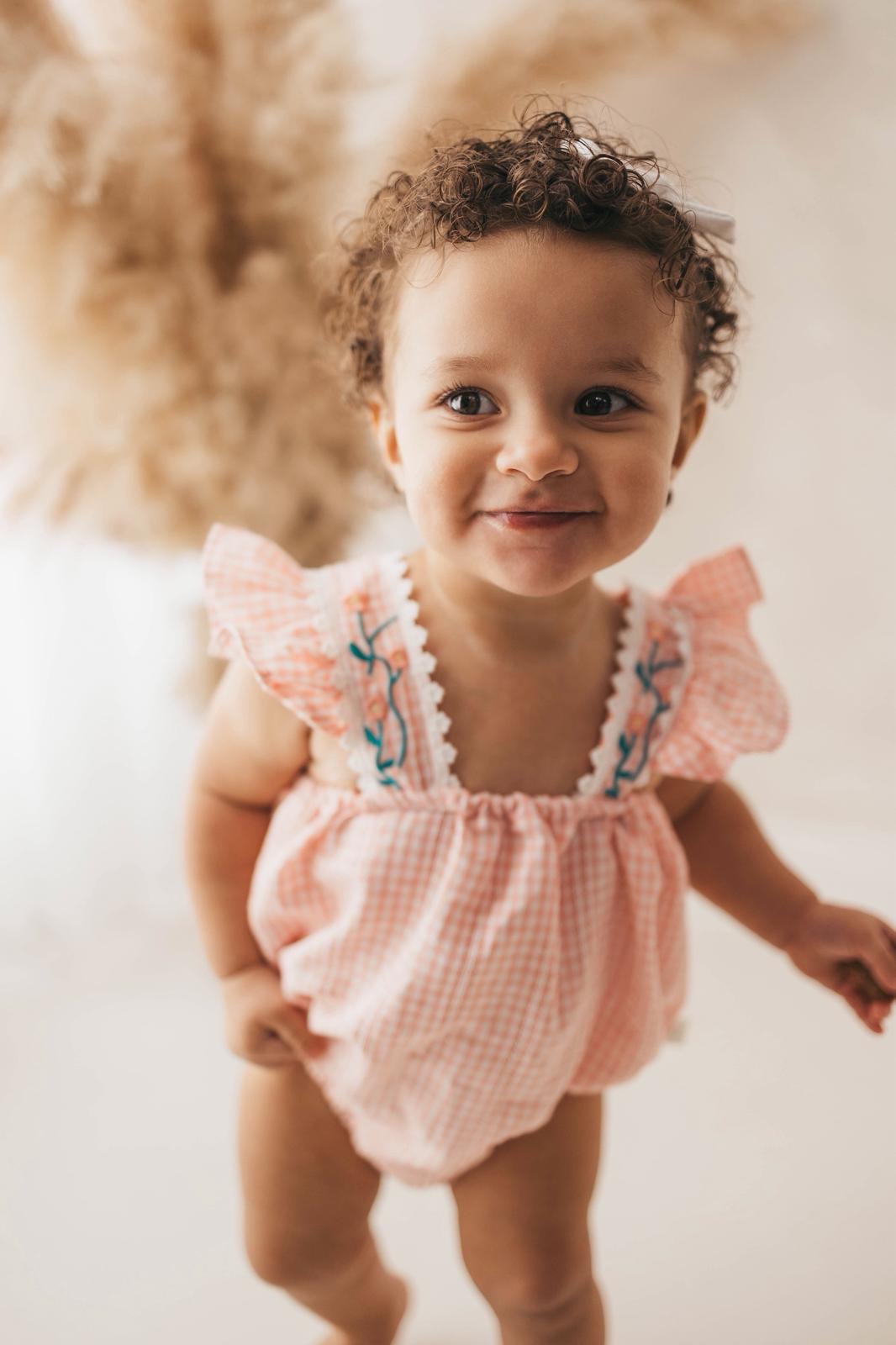 Pink gingham embroidered flower detail romper & headband