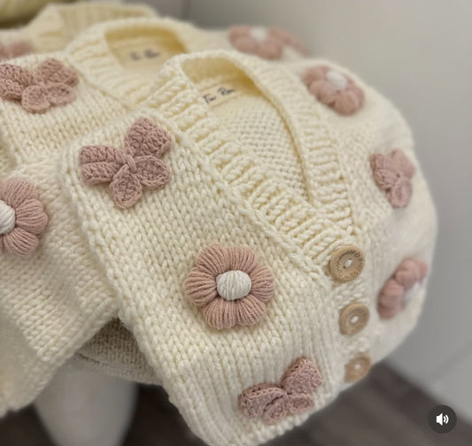 New spring hand knitted flower and chunky bow cardigan in stock