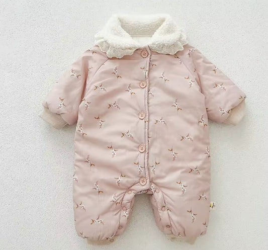 Thickened dusky pink flower snowsuit