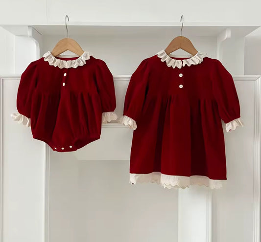 Lace trim velour Christmas romper/dress