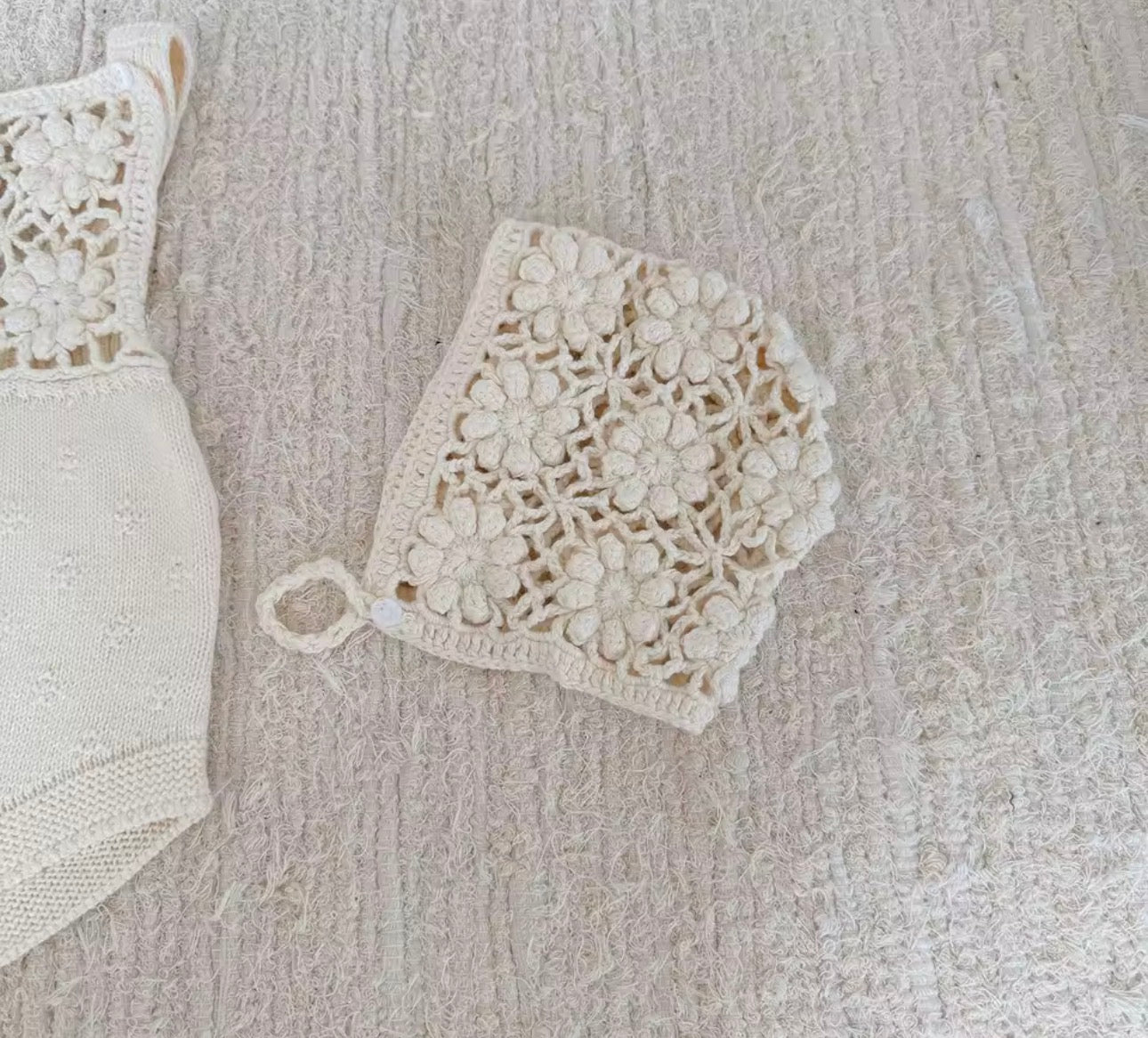 Knit flower romper and bonnet set
