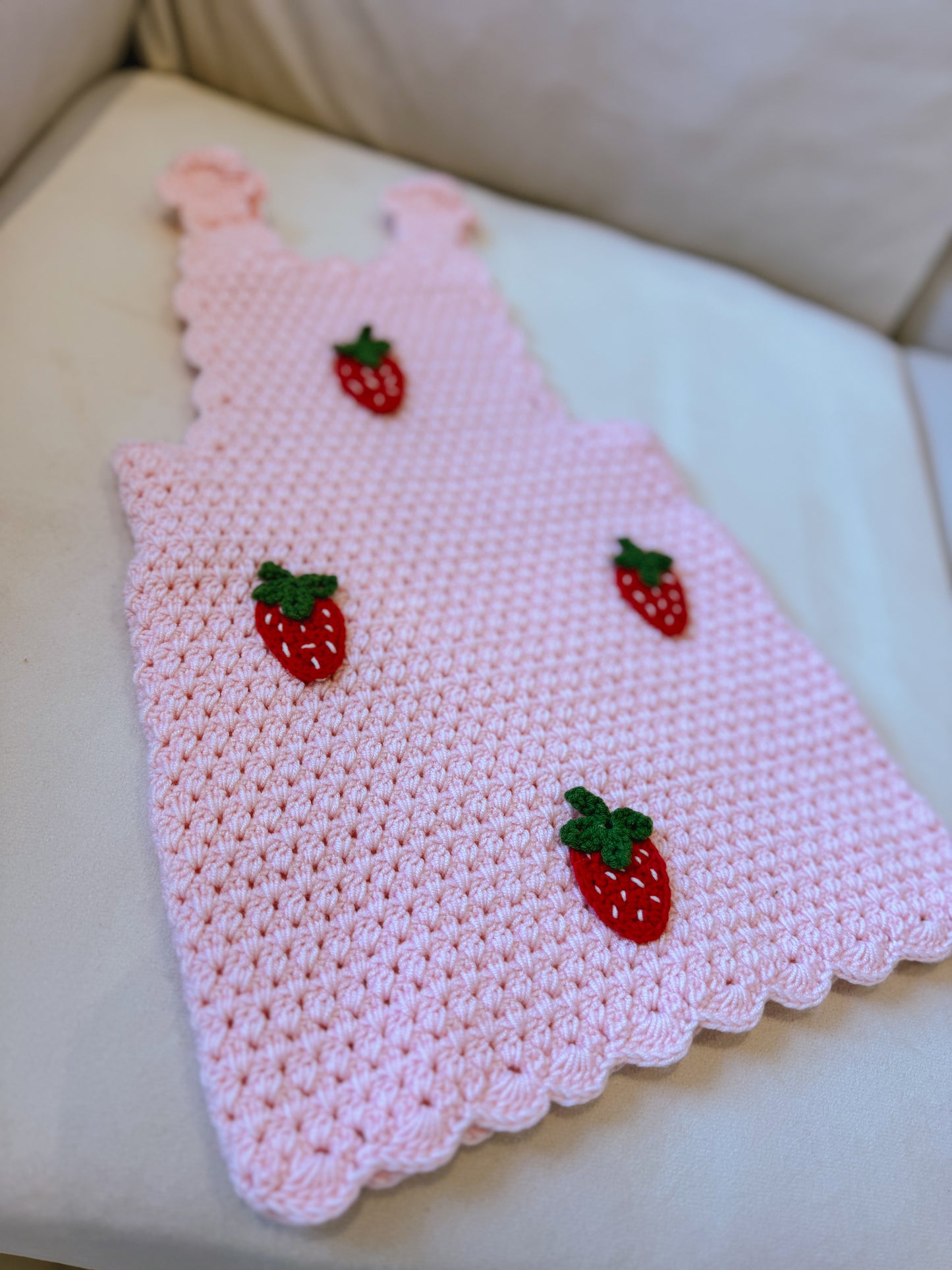 Hand crochet thick strawberry dress baby pink