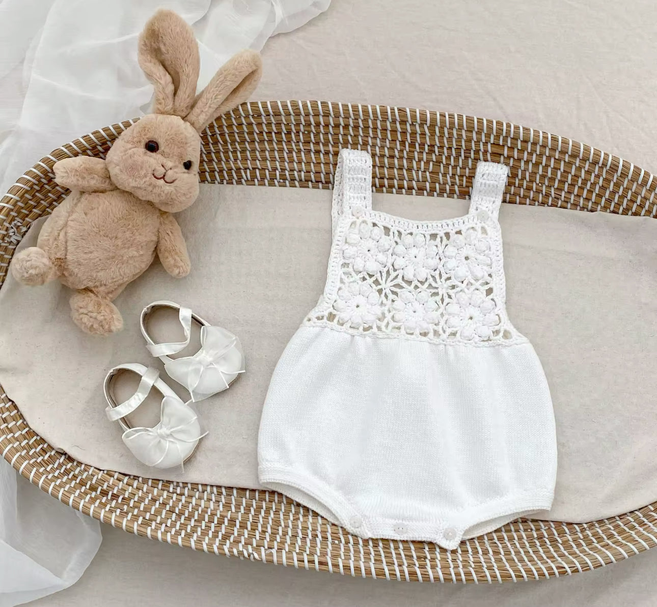 Boho summer crochet white romper/bonnet