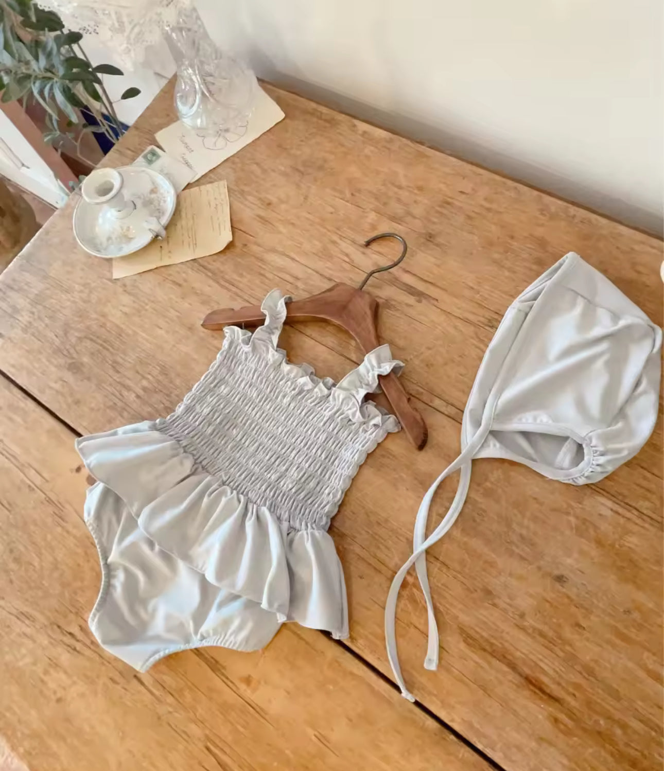 Crinkle ruffle swimming costume and bonnet