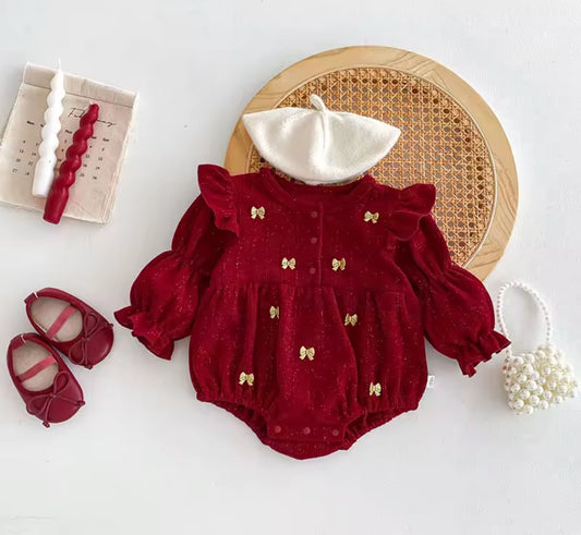 Gold embroidered bow red Christmas romper