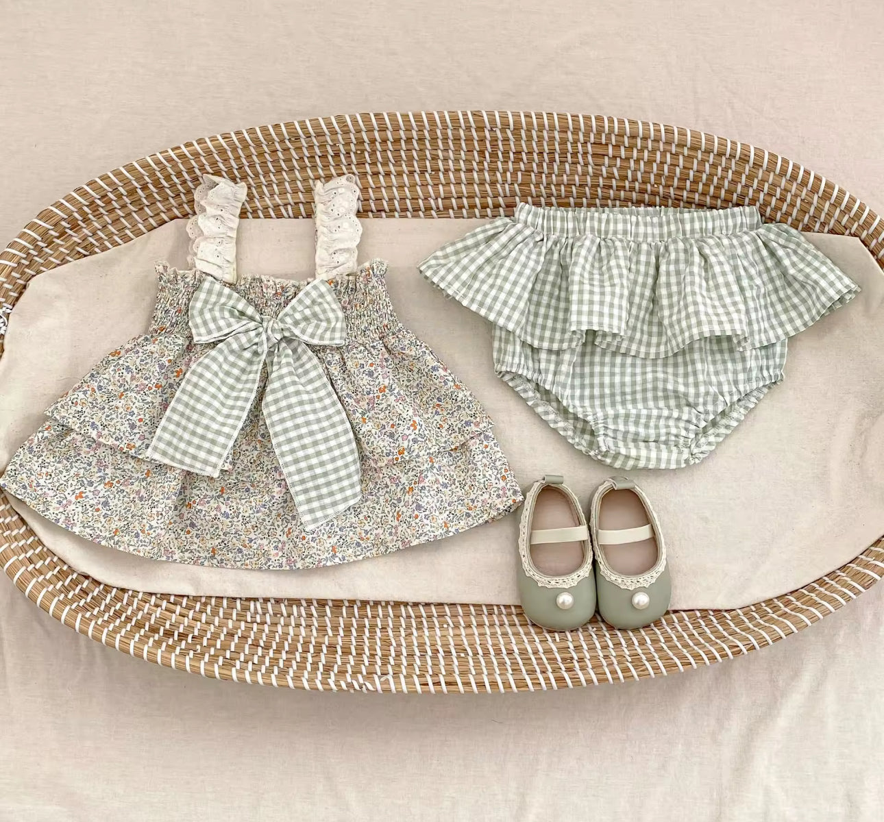 Sage green two piece bow top and bloomer summer set