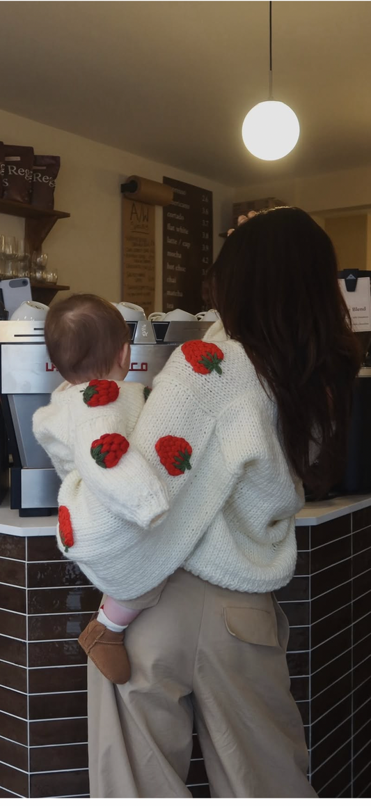 Mama and me handknitted strawberry 2 cardigan set