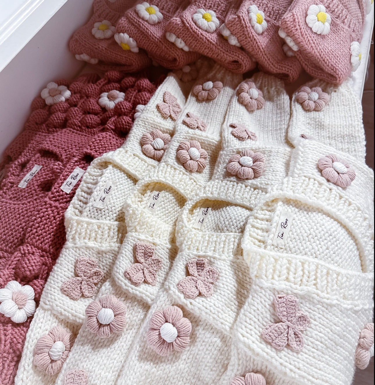 New spring hand knitted flower and chunky bow cardigan