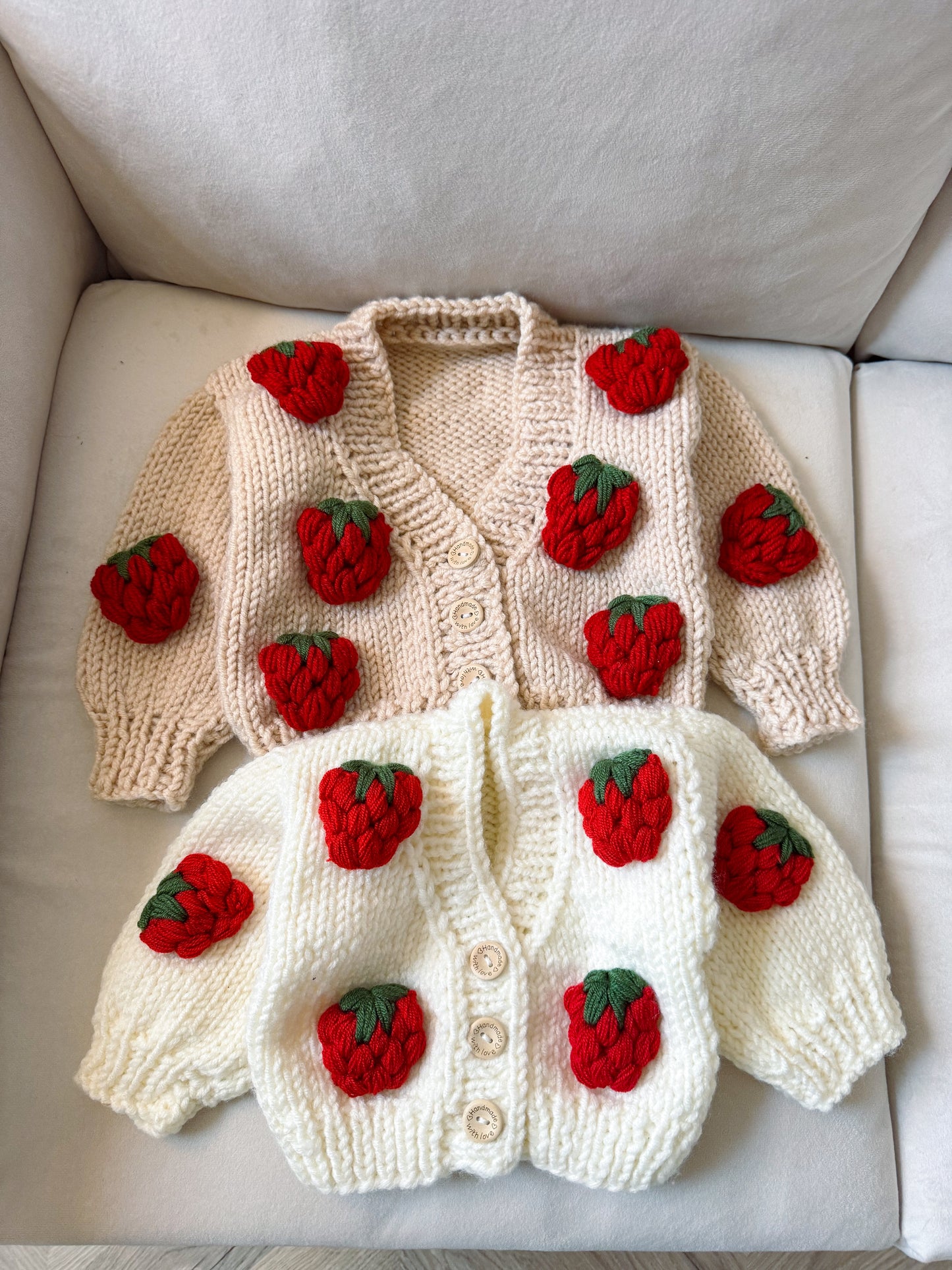 In stock handknitted strawberry cardigan beige