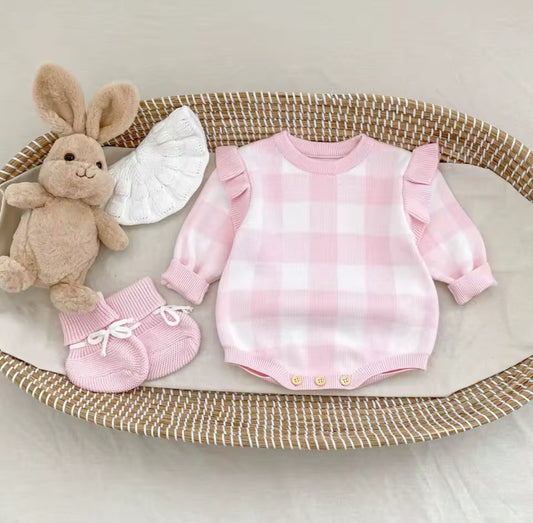 Baby pink gingham thick knit romper/bootie set