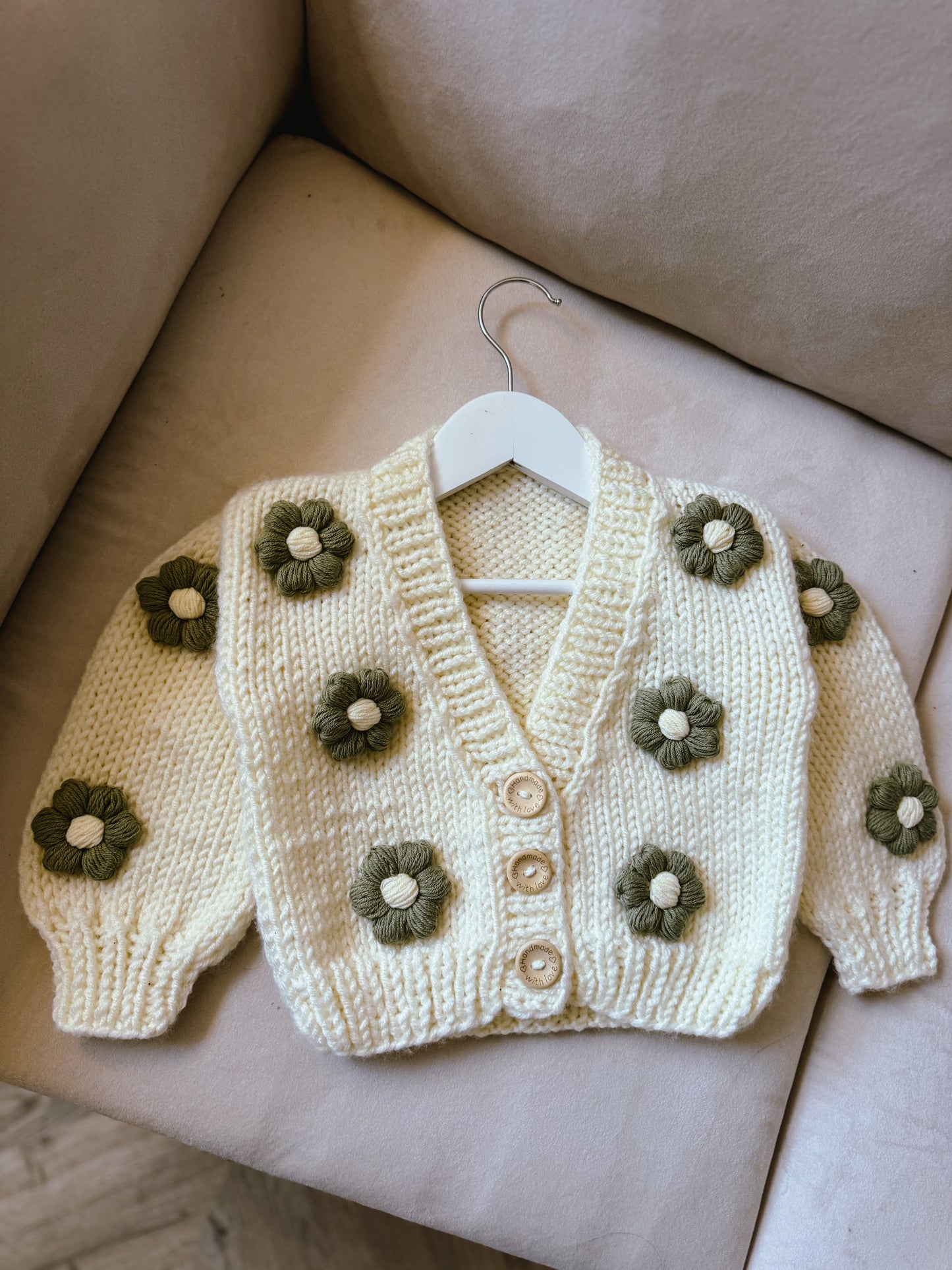 Sage Green Flower Handknitted Wool Cardigan