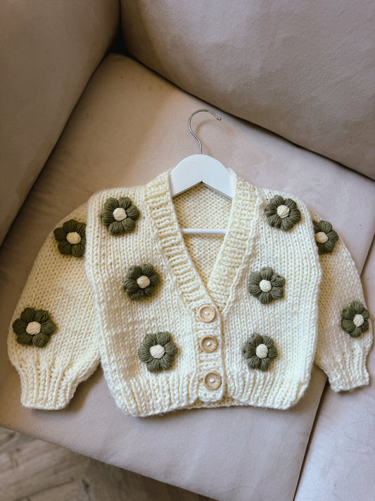 Sage green flower handknitted cardigan