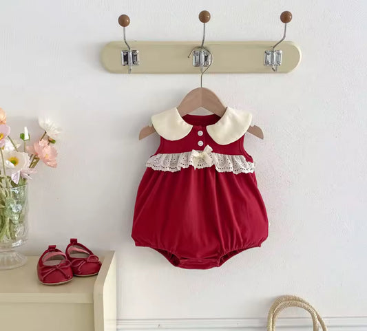 Lace trim red Christmas romper