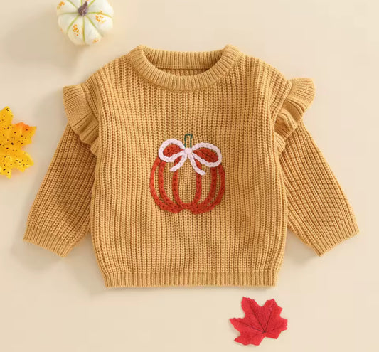 Pumpkin embroidered frill knitted jumpers