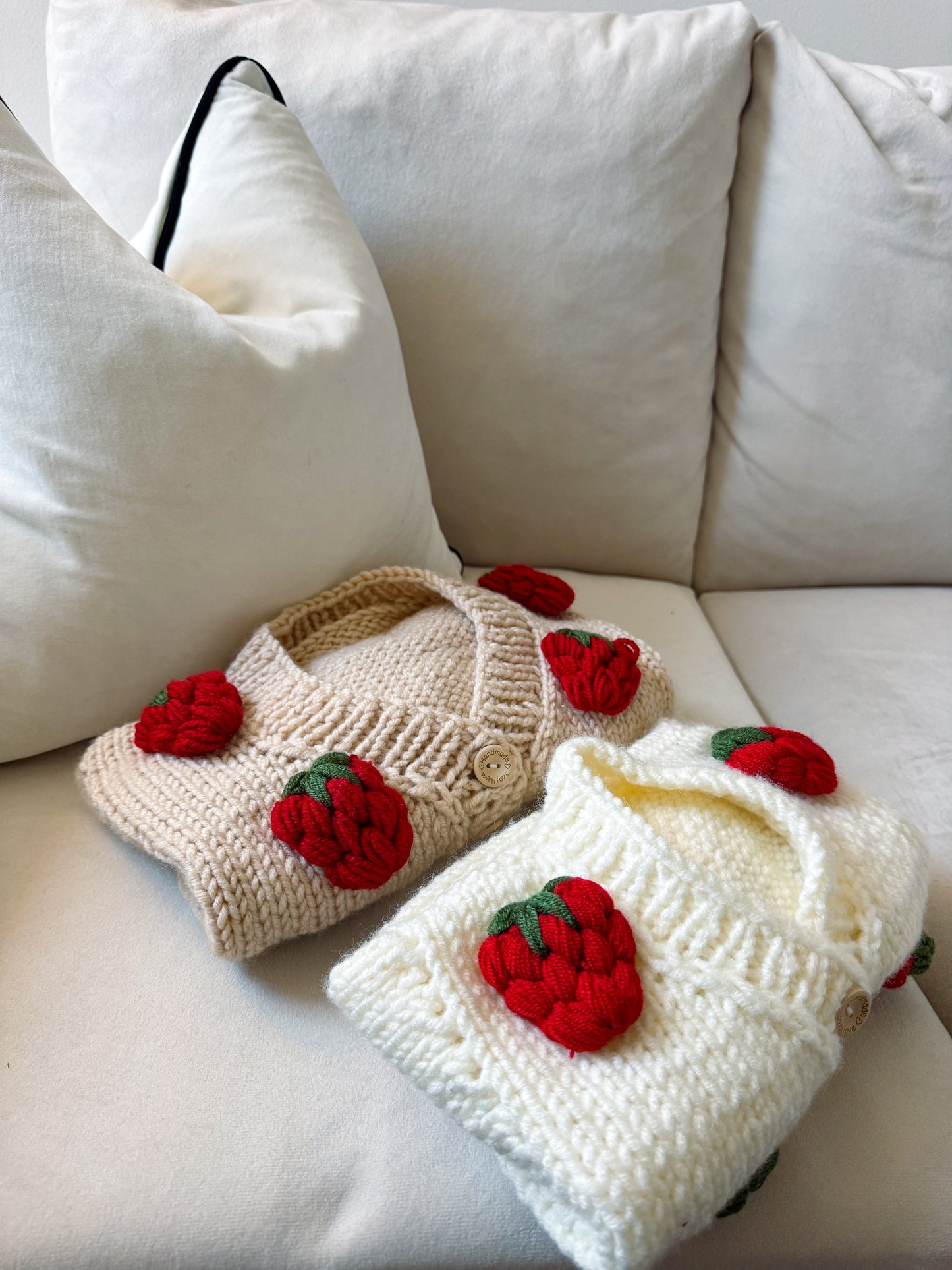 In stock handknitted strawberry cardigan beige