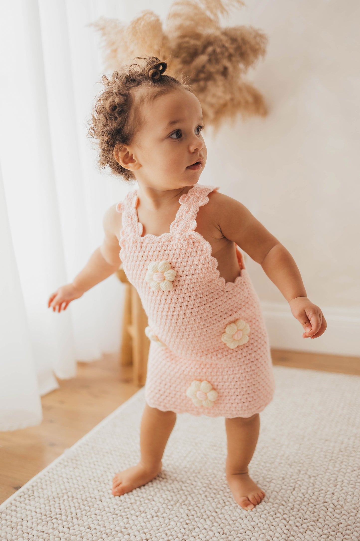 Hand crochet thick flower dress baby pink
