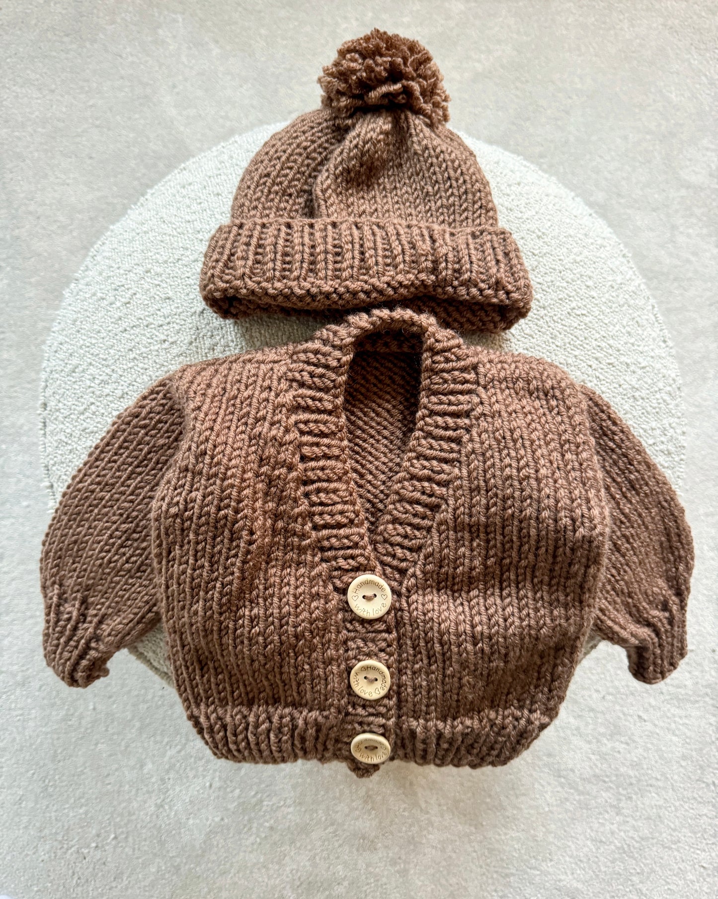 Handknitted name cardigan & hat set