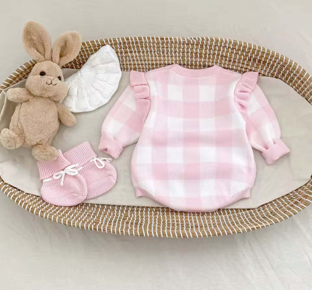 Baby pink gingham thick knit romper/bootie set