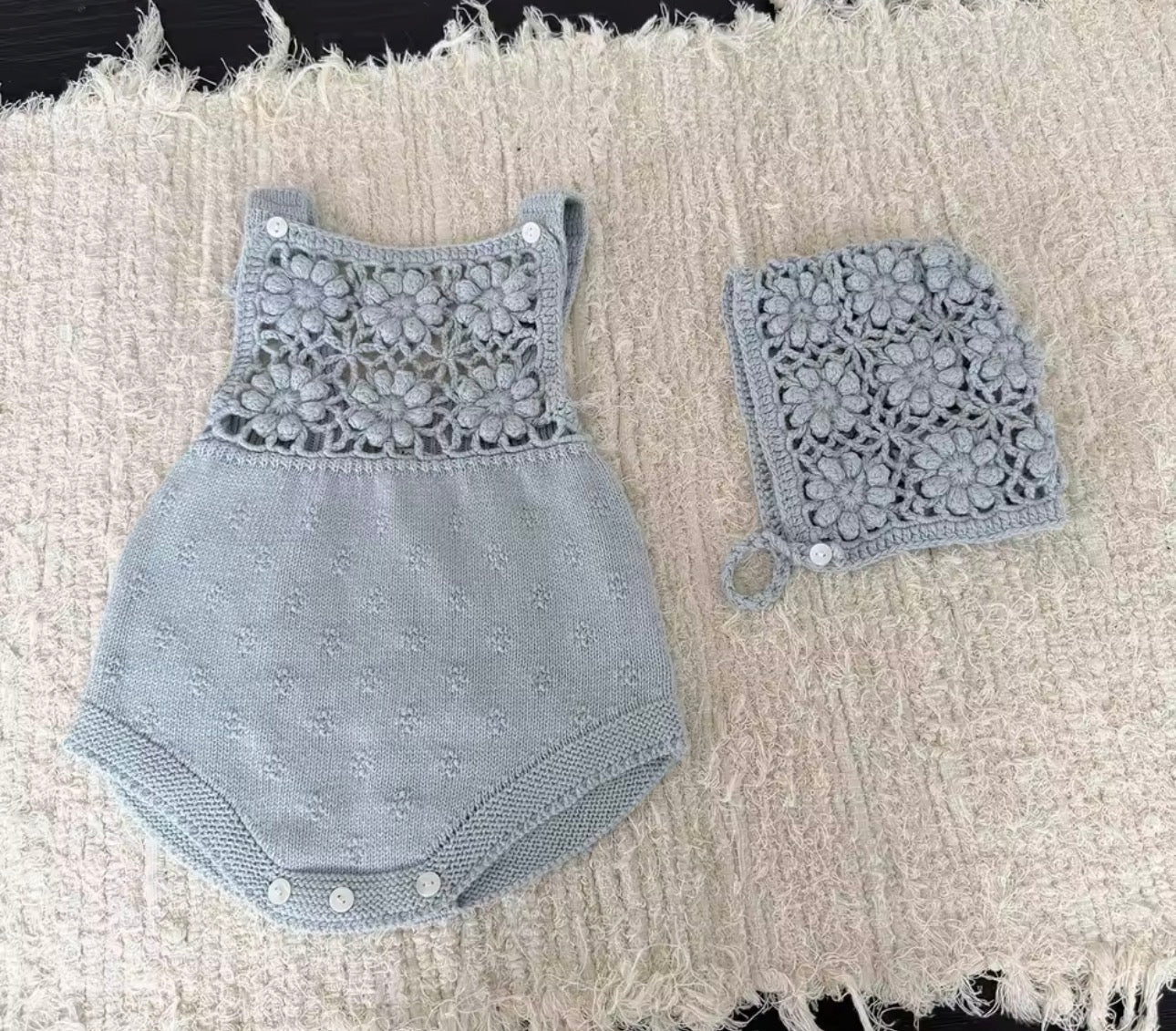 Knit flower romper and bonnet set