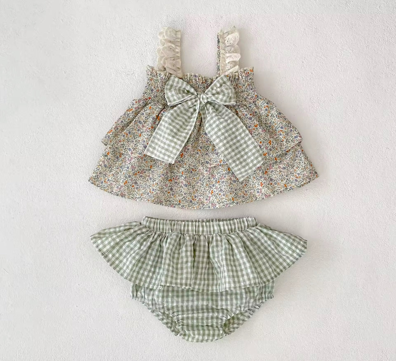 Sage green two piece bow top and bloomer summer set