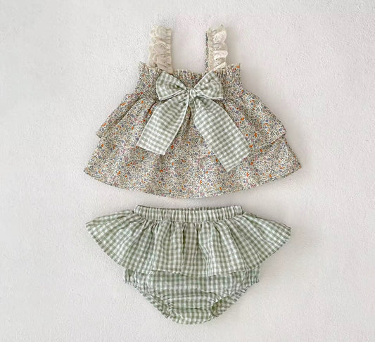 Sage green two piece bow top and bloomer summer set