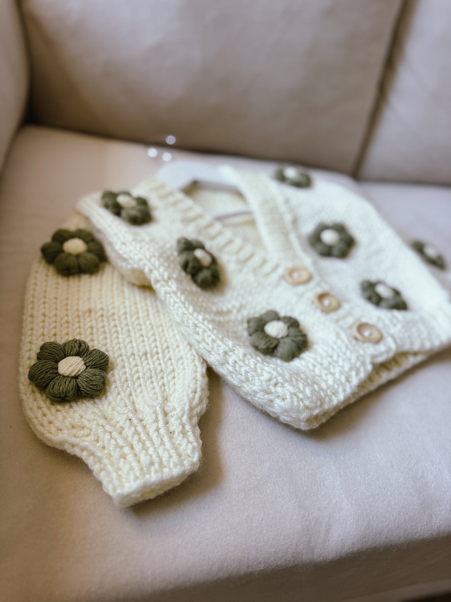 Sage Green Flower Handknitted Wool Cardigan