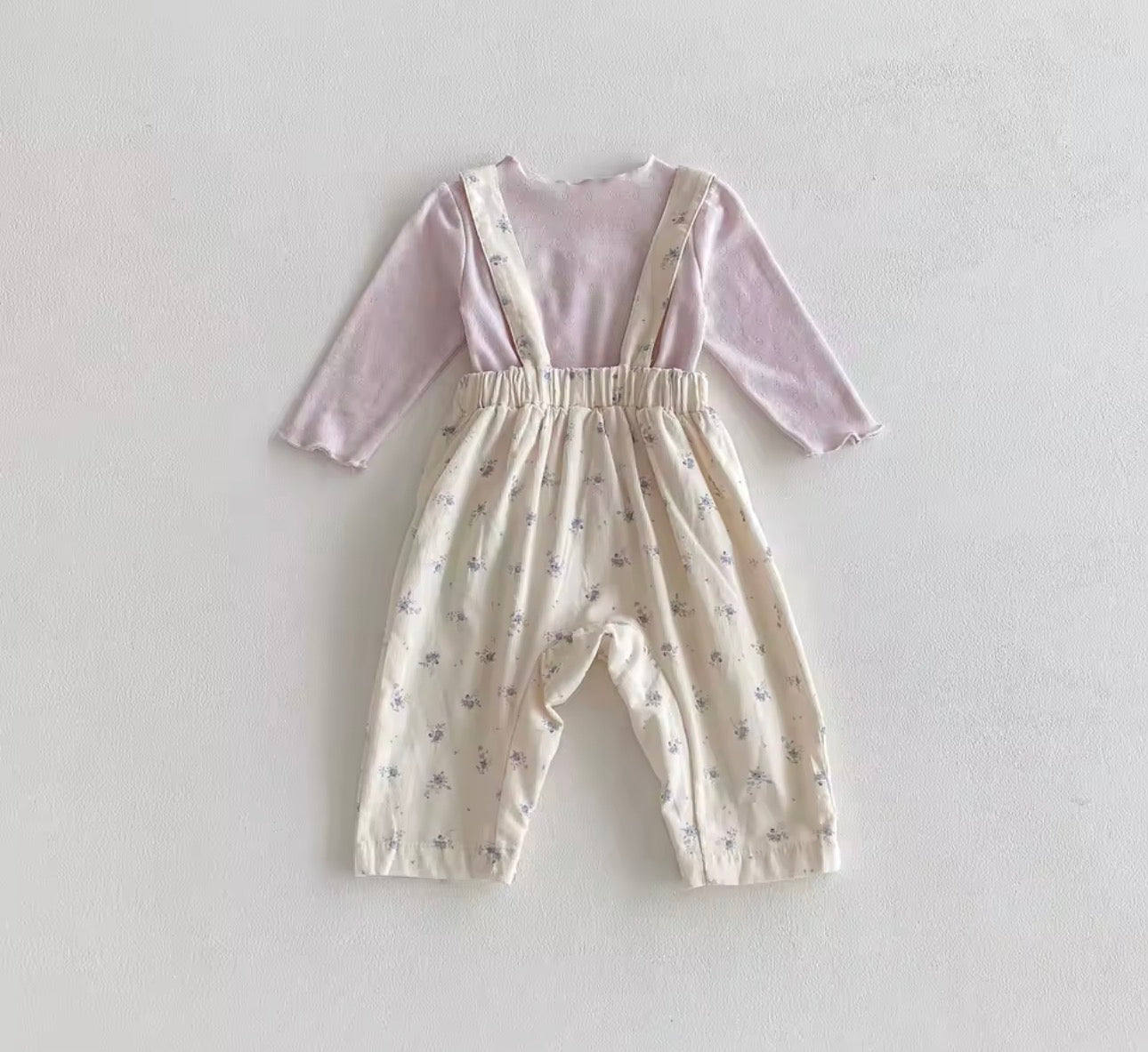 Lilac cotton top and floral dungaree set