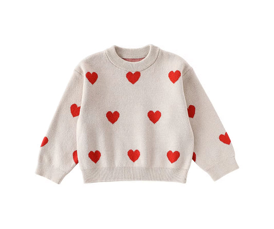 Thick knitted beige red heart jumper