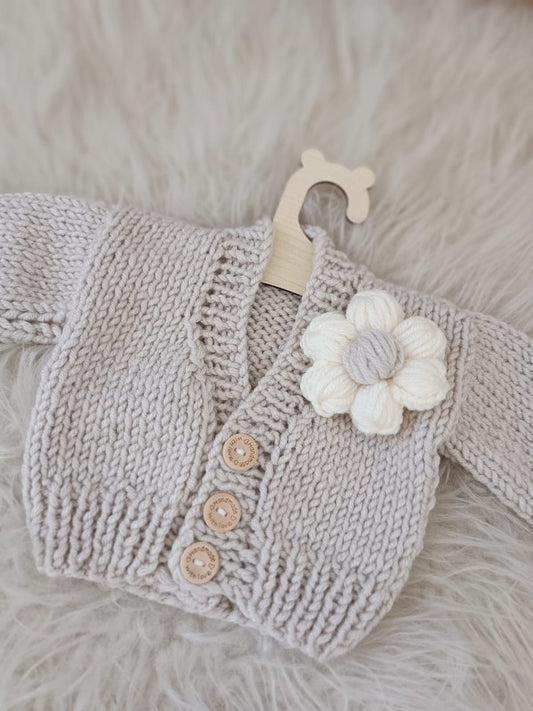 Pre order handknit flower cardigan grey and white flower