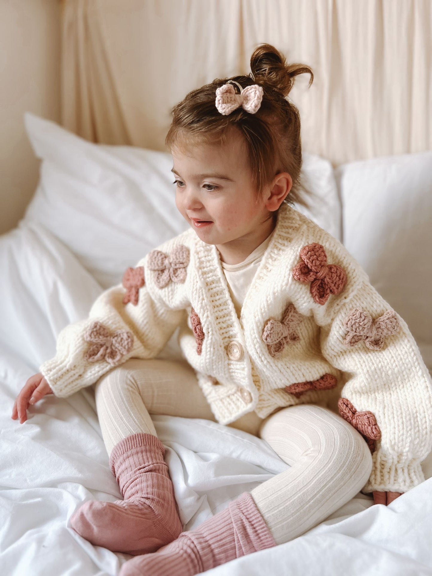 Mama and me handknitted autumn bow 2 cardigan set