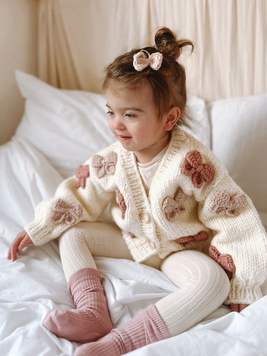 Mama and me handknitted autumn bow 2 cardigan set